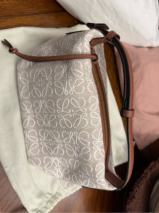 Loewe Handbags - Loewe Cubi
Beige Canvas Shoulder Bag with Brown Leather Trim